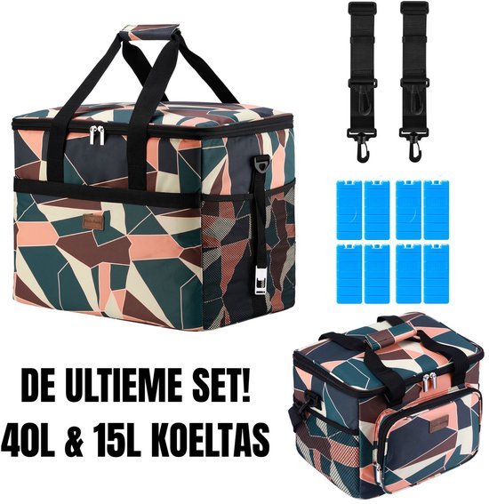 Packaway 40L Koeltas Abstract Colours – Inclusief 15L Lunchtas Abstract Colours en 8 Koelelementen – Dé set voor dames en heren die altijd onderweg zijn – Voor werk en vrije tijd van Broubaix.