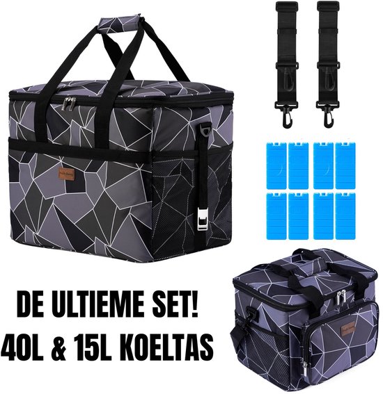 Packaway 40L Koeltas Abstract Grijs Zwart – Inclusief 15L Lunchtas Abstract Grijs Zwart en 8 Koelelementen – Dé set voor dames en heren die altijd onderweg zijn – Voor werk en vrije tijd van Merkloos