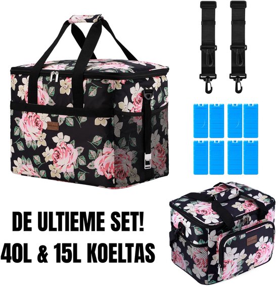 Packaway 40L Koeltas Black Flower – Inclusief 15L Lunchtas Black Flower en 8 Koelelementen – Dé set voor dames en heren die altijd onderweg zijn – Voor werk en vrije tijd van COOL-ICE.