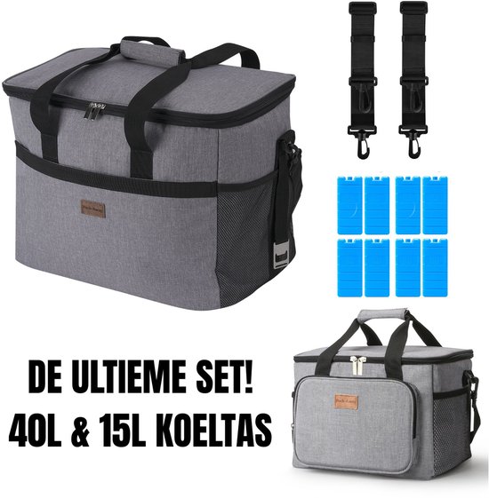 Packaway 40L Koeltas Grijs – Inclusief 15L Lunchtas Grijs en 8 Koelelementen – Dé set voor dames en heren die altijd onderweg zijn – Voor werk en vrije tijd van Trendfield