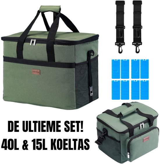 Packaway 40L Koeltas Groen – Inclusief 15L Lunchtas Groen en 8 Koelelementen – Dé set voor dames en heren die altijd onderweg zijn – Voor werk en vrije tijd van LifeGoods