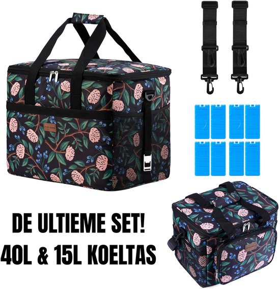 Packaway 40L Koeltas Passion Flower – Inclusief 15L Lunchtas Passion Flower en 8 Koelelementen – Dé set voor dames en heren die altijd onderweg zijn – Voor werk en vrije tijd van LUXELS®