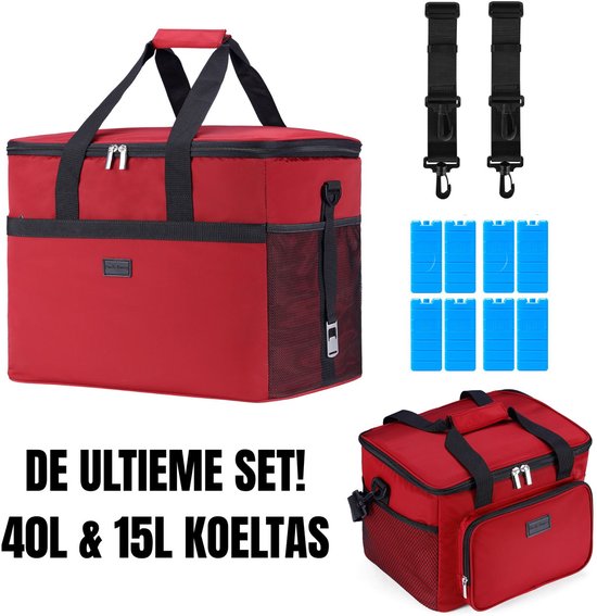 Packaway 40L Koeltas Rood – Inclusief 15L Lunchtas Rood en 8 Koelelementen – Dé set voor dames en heren die altijd onderweg zijn – Voor werk en vrije tijd van Rovano