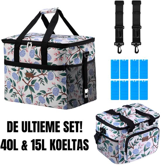 Packaway 40L Koeltas White Flower – Inclusief 15L Lunchtas White Flower en 8 Koelelementen – Dé set voor dames en heren die altijd onderweg zijn – Voor werk en vrije tijd van Packaway