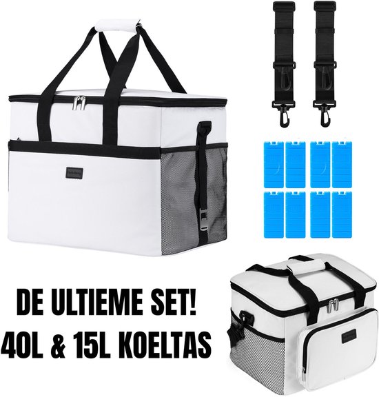 Packaway 40L Koeltas Wit – Inclusief 15L Lunchtas Wit en 8 Koelelementen – Dé set voor dames en heren die altijd onderweg zijn – Voor werk en vrije tijd van LifeGoods