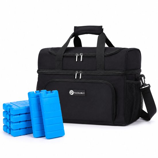 Packaway Koeltas 30L - Lunchtas - Inclusief 4 Koelelementen - Dubbel Compartiment - 4-Laags Geïsoleerd - Waterafstotend - Signature Black van Packaway
