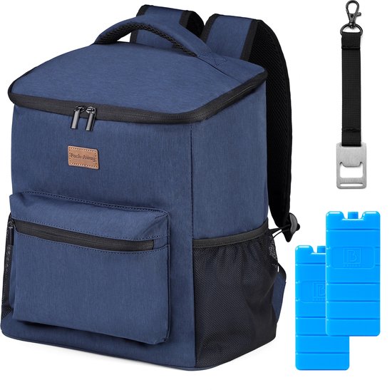 Packaway Koeltas Rugzak 25L - Incl. 2 gratis koelelementen - Incl. gratis flessenopener - Waterafstotend - Anti diefstal vak - 4 Laags geïsoleerd - Blauw van Packaway