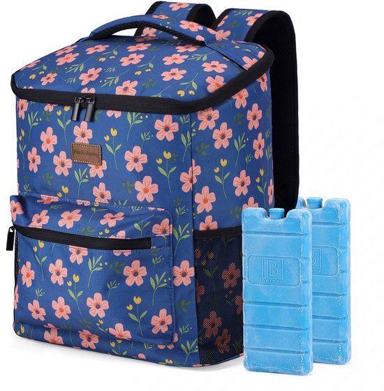 Packaway Koeltas Rugzak 25L - Incl. 2 gratis koelelementen - Incl. gratis flessenopener - Waterafstotend - Anti diefstal vak - 4 Laags geïsoleerd - Blue Blossom van Packaway