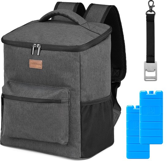 Packaway Koeltas Rugzak 25L - Incl. 2 gratis koelelementen - Incl. gratis flessenopener - Waterafstotend - Anti diefstal vak - 4 Laags geïsoleerd - Grijs