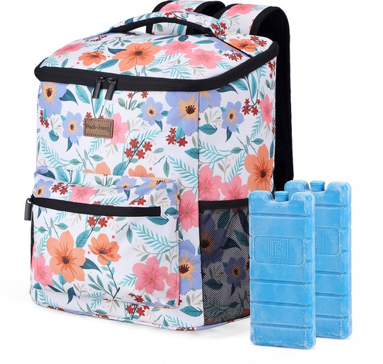 Packaway Koeltas Rugzak 25L - Incl. 2 gratis koelelementen - Incl. gratis flessenopener - Waterafstotend - Anti diefstal vak - 4 Laags geïsoleerd - Pastel Blossom