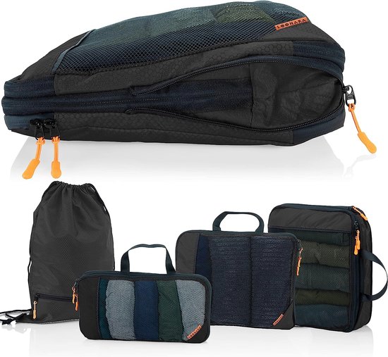 Packing Cubes met compressie voor koffer en rugzak incl. draagzak, zwart