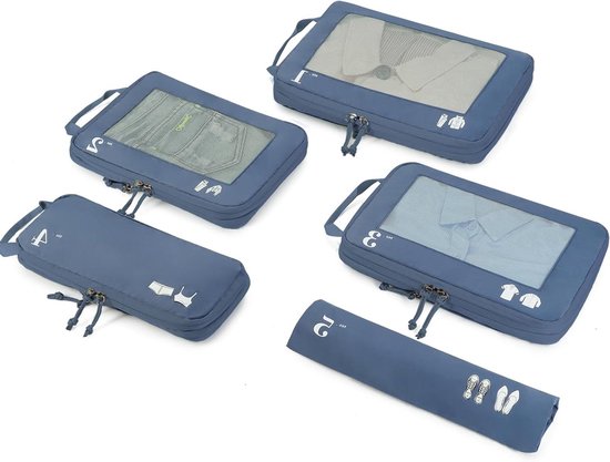 Packing Cubes Set - Reisorganizers Koffers - Bagage Opbergen - Comprimeerbaar Ontwerp - 5 Delig - Blauw