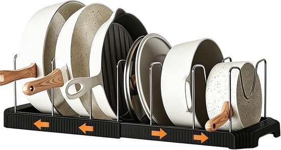 Pannenorganizer, pannenopslag, uittrekbaar, 33-56 cm, zwarte potdekselhouder, potdekselhouder, lade met 7 verstelbare houders, voor potten, borden, snijplanken