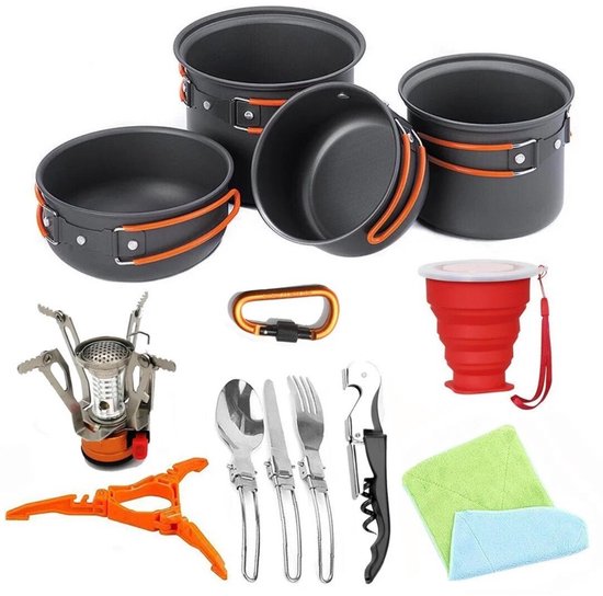 Pannenset camping - WeXplore - draagbare kookset - 16-delig incl. brander en bestek