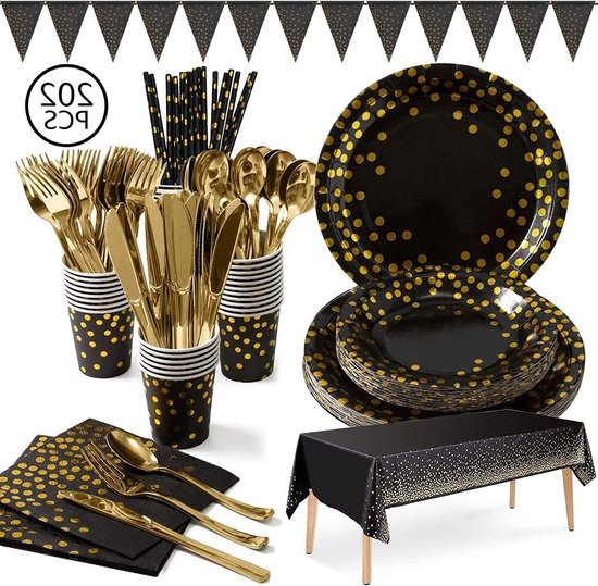 Party Tableware Cutlery Set Black-Gold Cardboard Paper Plates Forks Knives Spoons Cups Straw Napkin Tablecloth for Wedding Camping 25 Guest - 202 Pieces