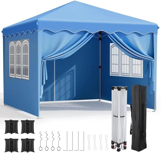 Partytent Opvouwbaar - Tuinpaviljoen - Easy Up Partytent - 3x3m - Pop Up Canopy - Zijwanden – Outdoor Winter Gazebo – Verstelbare - Hoogte Poten – Ramen - Draagtas - UV - Bescherming - Blauw van LUXOUTDOOR