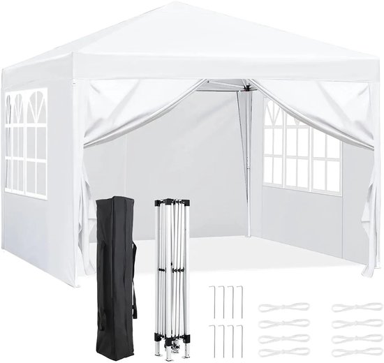 Partytent Opvouwbaar - Tuinpaviljoen - Easy Up Partytent - 3x3m - Pop Up Canopy - Zijwanden – Outdoor Winter Gazebo – Verstelbare - Hoogte Poten – Ramen - Draagtas - UV - Bescherming - Wit