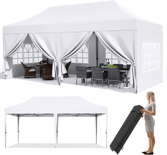 Partytent - Tent - Paviljoen - Waterdicht Party Tent - Partytenten - 3x6m - UV 50+ Bescherming – Opvouwbare - Hoogte Verstelbaar – Inclusief Zijpanelen & Zandzakken - Wit van Livinxs