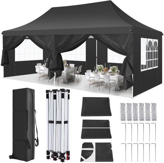 Partytent - Tent - Paviljoen - Waterdicht Party Tent - Partytenten - 3x6m - UV 50+ Bescherming – Opvouwbare - Hoogte Verstelbaar – Inclusief Zijpanelen & Zandzakken - Zwart van MOOD 예약SYSTEM