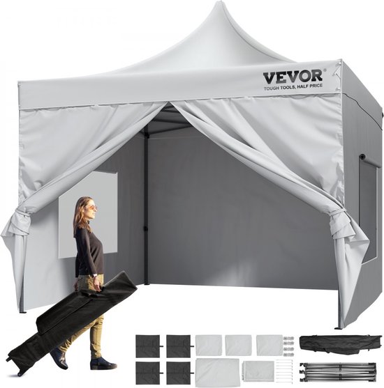 paviljoen 304,8x304,8x320cm tuintent 500D PU zilveren stof opvouwbaar paviljoen in hoogte verstelbaar incl. opbergtas partytent 6-8 personen pop-up tent wit tuinpaviljoen voor kampeertrip van Uniprodo