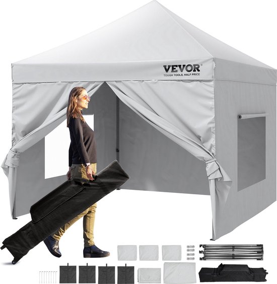 Paviljoen Tuintent - 3,048x3,048x3,20m - 500D PU Zilveren Stof - Opvouwbaar Paviljoen - Hoogte Verstelbaar - Incl. Opbergtas Partytent 6-8 Personen - Pop-up Tent - Wit van Merkloos