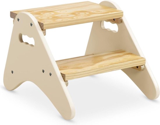 Peek-A-Boost Houten Kruk - Stevige 2 Treden Kruk Crème Wit & Hout - Badkamer Keuken Kinderkamer - 2 Jaar + (BX2031C1Z) van Baxxtar