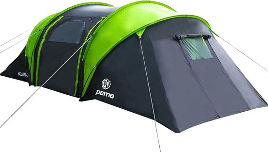 Peme Bojan Koepeltent Tent voor 4 personen, Zwart en groen, 2 ingangen, 2 slaapruimtes, waterdicht, moskitiera, groot voorportaal van Merkloos