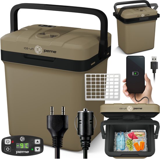 PEME Essential - Elektrische Koelbox - Thermo-elektrisch - 22.9L - 12V Autolader - 220/230V Stopcontact - Koelt en verwarmd Frigobox - Sand Storm van PEME