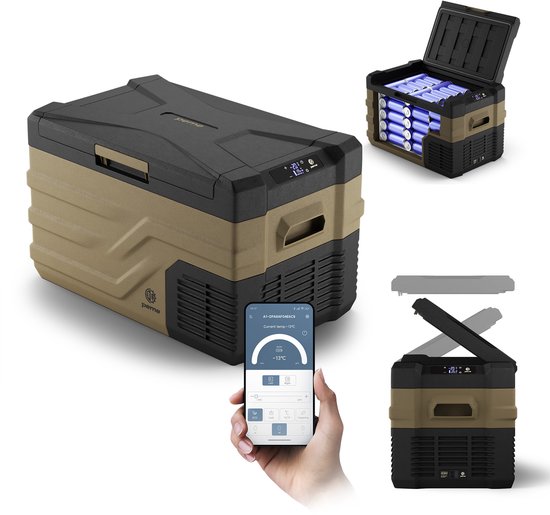PEME Quest Elektrische Koelbox, 26.8 liter, 12V, 220/230 Volt AC/DC, Compressor Koelbox Aansluiting voor Auto en Camping, Thermo-elektrisch Frigobox - lichtbruin met Bluetooth 5.0 en Mobiele App, LCD-paneel en ECO-functie van Merkloos