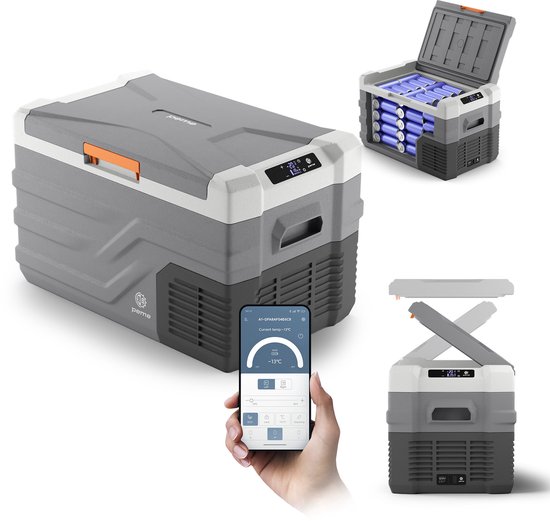 PEME Quest Elektrische Koelbox, 26.8 liter, 12V, 220/230 Volt AC/DC, Compressor Koelbox Aansluiting voor Auto en Camping, Thermo-elektrisch Frigobox - lichtgrijs met Bluetooth 5.0 en Mobiele App, LCD-paneel en ECO-functie van Merkloos