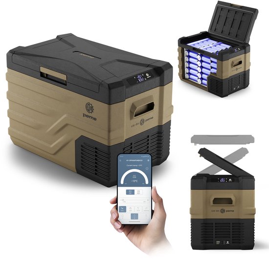 PEME Quest Elektrische Koelbox, 35.3 liter, 12V, 220/230 Volt AC/DC, Compressor Koelbox Aansluiting voor Auto en Camping, Thermo-elektrisch Frigobox - lichtbruin met Bluetooth 5.0 en Mobiele App, LCD-paneel en ECO-functie van Merkloos