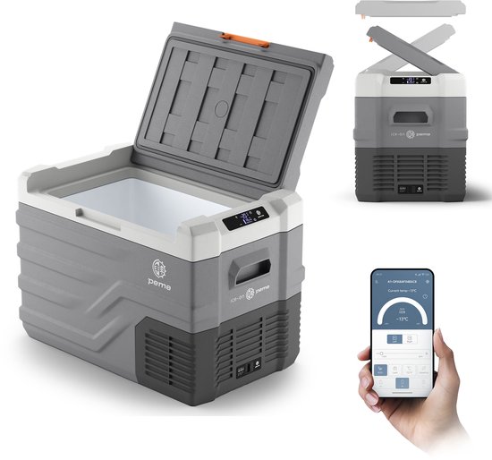PEME Quest Elektrische Koelbox, 35.3 liter, 12V, 220/230 Volt AC/DC, Compressor Koelbox Aansluiting voor Auto en Camping, Thermo-elektrisch Frigobox - lichtgrijs met Bluetooth 5.0 en Mobiele App, LCD-paneel en ECO-functie van Merkloos
