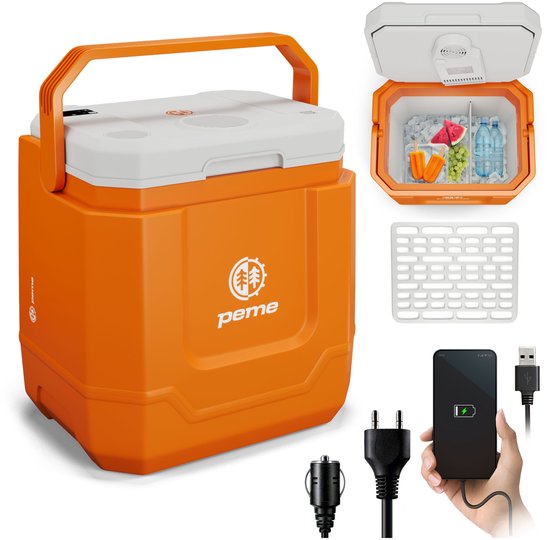 Peme Trip Sunset Orange - Elektrische Koelbox met Bluetooth Speaker - 31,5L - Koelen en Verwarmen - 12V/24V/230V - Auto & Camping Koelkast - USB-poort - ECO-modus - Fluisterstil 26dB - Verwijderbaar Rooster van Merkloos