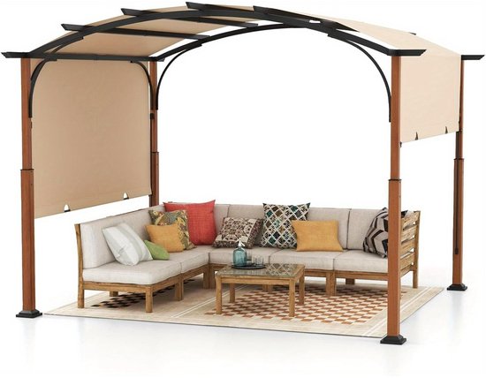 Pergola – Tuinpaviljoen – Overkapping – Prieel – Tuinconstructie – Verstelbaar Oproldak – Robuust Gepoedercoat Metalen Frame – 360x300 cm Beige van Merkloos