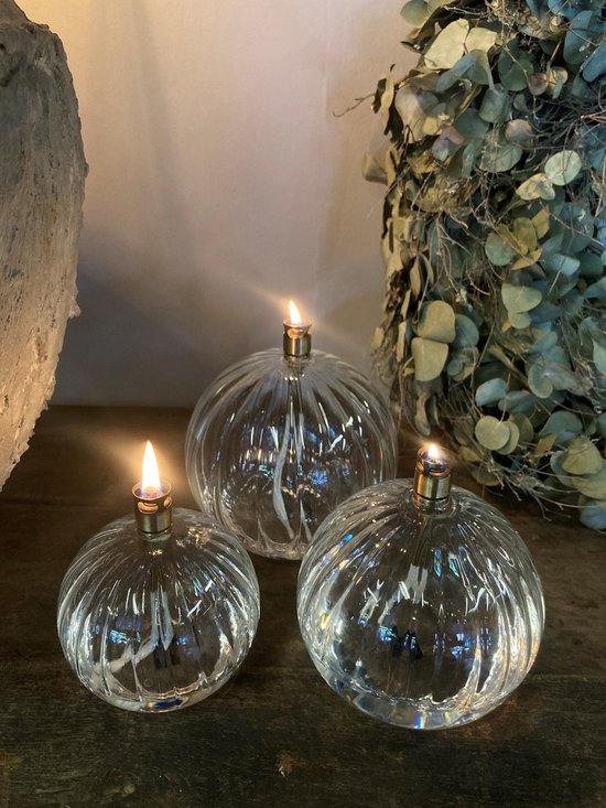 PERI - olielampjes - set van 3 glazen bollen - geribbeld glas incl. fles paraffine olie van PERI