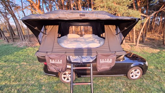Peter Penthouse Daktent | Premium Matras | Ruim 230x190cm | Off-Grid (zonnepaneel) | Panorama Dak | Hard Top | 62KG van Merkloos