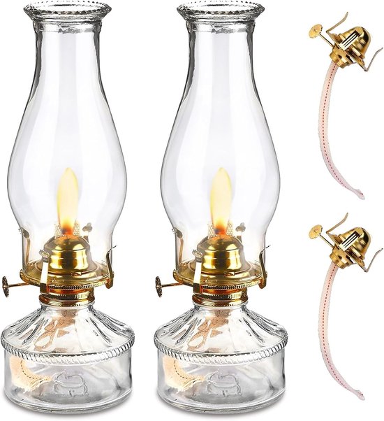Petroleum Lamp - Geel - 32 x 11 cm - Retro Olielamp van Glas en Metaal - Voor Binnen en Buiten