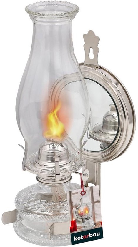 Petroleumlamp glas met spiegel nikkel - vintage campinglamp olielamp voor binnen en buiten