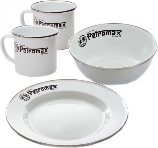 petromax kampeer servies geëmailleerd 2X mok + 2X bord + 2X schaaltje wit