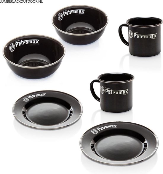 Petromax kampeer servies geëmailleerd 2x mok + 2x bord + 2x schaaltje zwart