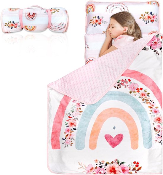 Peuter Dutmat - Slaapmat Kinderen - Logeerpartijtjes en Kinderopvang - Afneembaar Kussen en Minky Deken - 58 x 130 cm van Merkloos