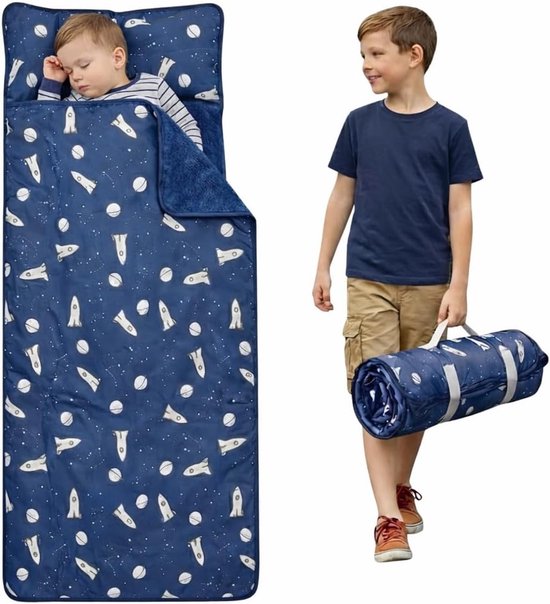 Peuter Slaapmat - Draagbare Mat - Comfortabel Slapen - Machine Wasbaar - 53x117 cm - Ruimte Blauw