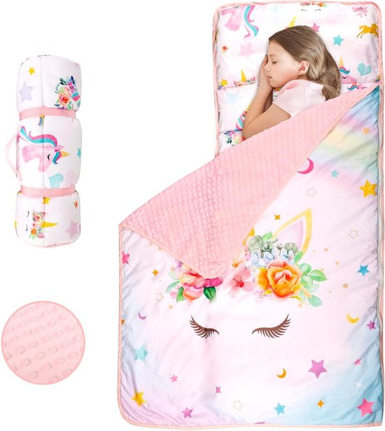 Peuter Slaapmat - Kinder dutmat - Comfortabel dutten - Verwijderbaar kussen en deken - 56 x 137 cm - Regenboog Eenhoorn