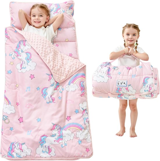 Peuter slaapmat - Kinderslaapzak - Kinderdagverblijf en reizen - Inclusief kussen en deken - 127 x 53 cm - Eenhoorn