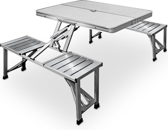 Picknick tafel Campingtafel - Blad van hout en zitting aluminium -  voor 4 personen - Wit  - 85,5 x 67,5 x 66cm van Van der Meulen