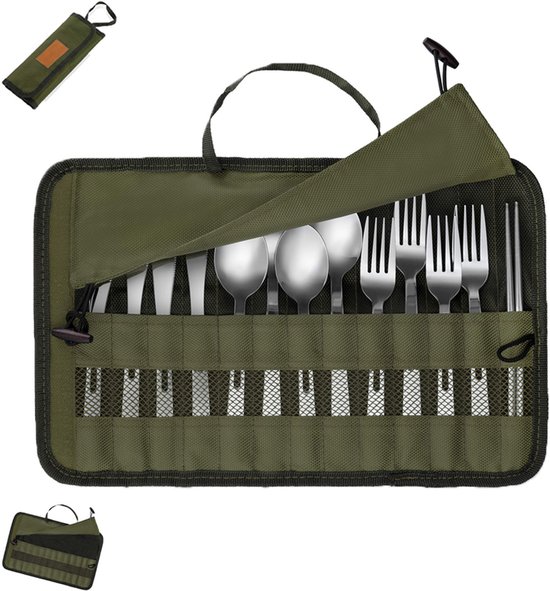 Picknickbestektas - Opbergtas voor picknickbestek - Serviesgoed niet inbegrepen - Reisbestektas - Groen - Oprolbare bestektas voor kamperen - Waterdichte opbergtas voor keukenmessen en -bestek - Geschikt voor vorken, lepels en eetstokjes