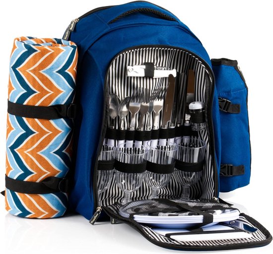 Picknickrugzak 32-delig | Picknickset voor 4 personen | met flessenhouder, picknickdeken, koelvak en campingservies (blauw) van GARDEN4YOU