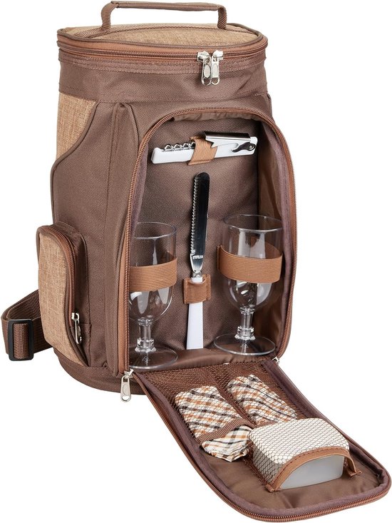 Picknickrugzak voor 2 tot 4 personen, koeltas met serviesset, bruin, 2 personen. van Rehkittz