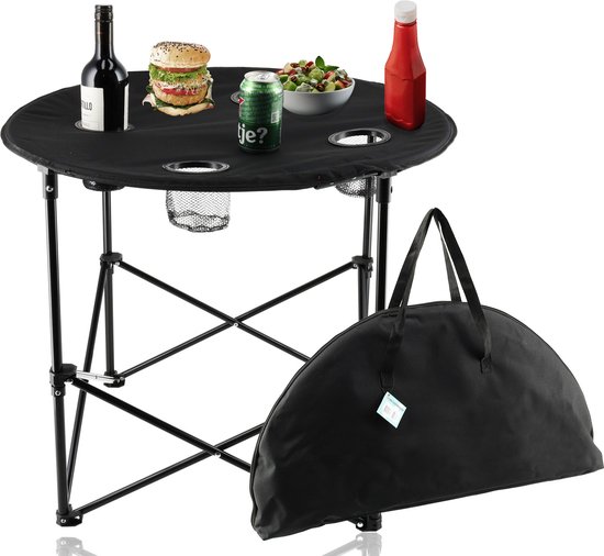 Picknicktafel Inklapbaar Ø 72,5 cm x h 60 cm x B 51 cm - Lichtgewicht campingtafel met hoes en bekerhouders