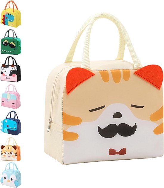 Picnic Lunchtas Voor School - Herbruikbare 3D Cartoon Geïsoleerde Lunchtas - Studenten Draagbare Maaltijdvoorbereidingstas - Waterdichte Lunchtas voor Lunchbox (Beige Kat)